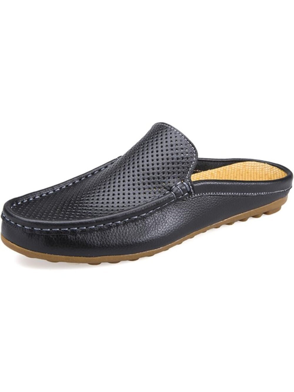 Fashion Men's Black Hollow Leather Loafer Round Toe Flat Slip On Casual Slippers